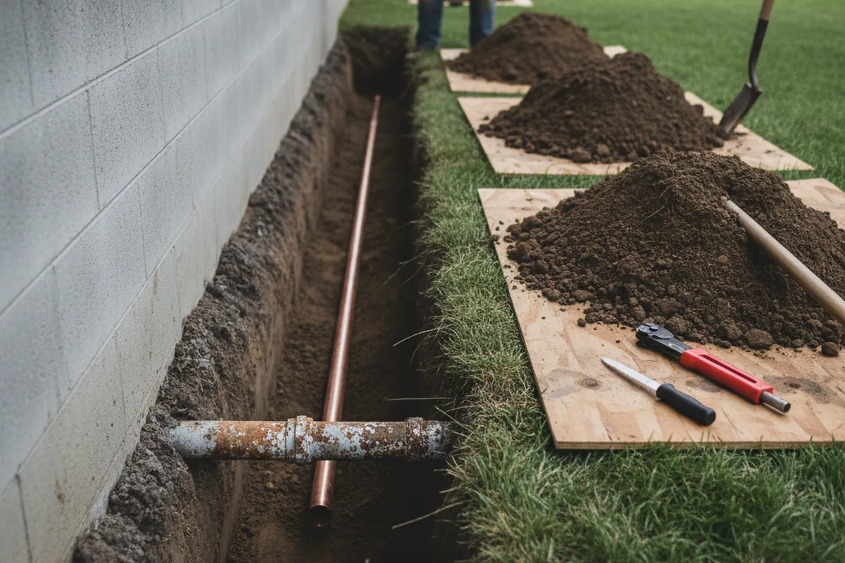 Excavated water line trench during Water Heater Repair in Worden